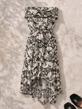 Peach Couture Strapless Paisley High Low Dress Black White Boho Midi Hi-Lo